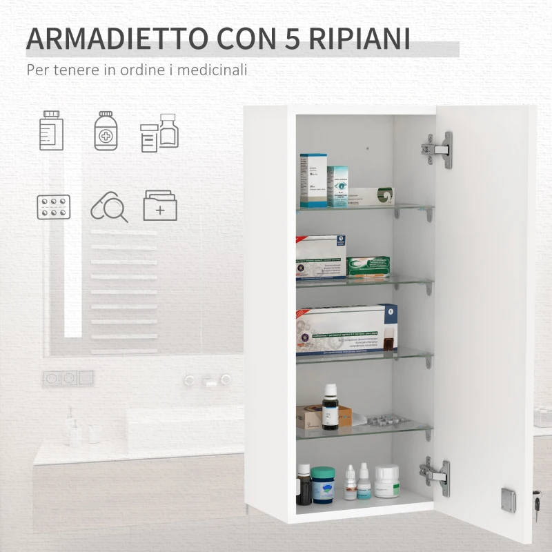 kleankin Armadietto Medicinali a Muro con Serratura, 5 Ripiani e Mensole Regolabili, in Legno e Vetro, Bianco, 30x20x70cm