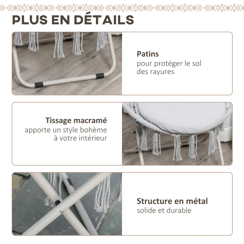 Outsunny Loveuse fauteuil rond de jardin fauteuil lune papasan pliable grand confort macramé coton polyester gris