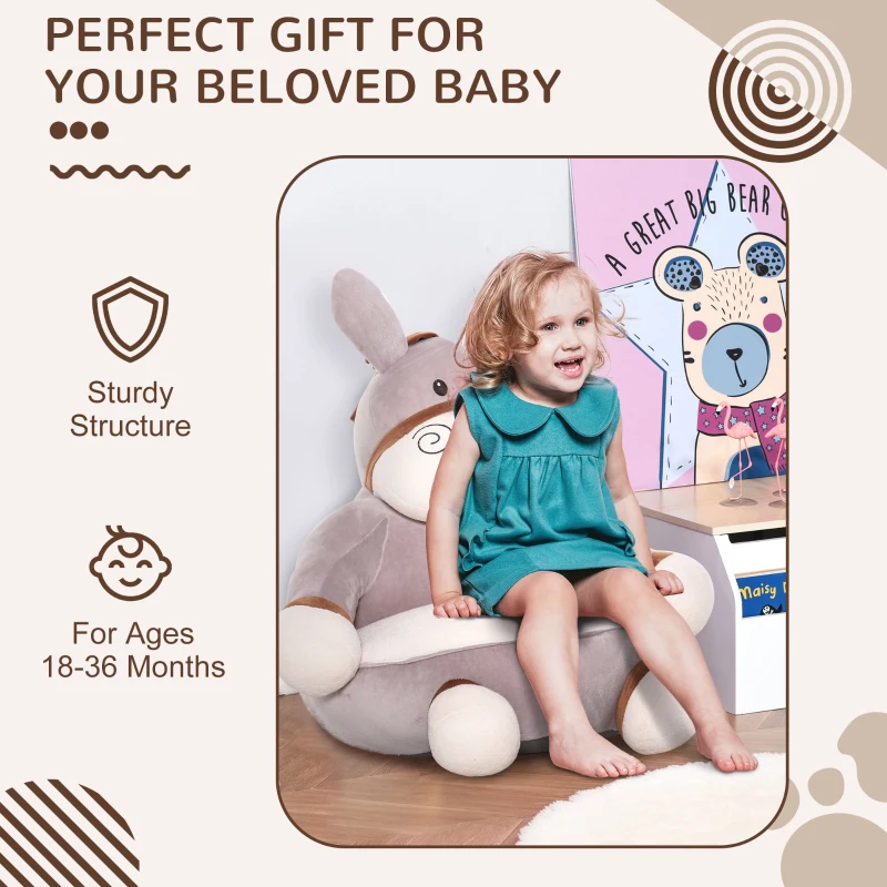 HOMCOM Animal Kids Sofa Chair Cartoon Cute Donkey Multi-functional with Armrest Flannel PP Cotton 60 x 55 x 60cm Grey