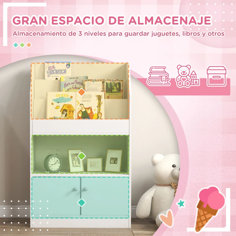 ZONEKIZ Estantería Infantil para Libros y Juguetes con 3 Compartimentos Verticales y Armario para +3 Años 60x29,5x100 cm Blanco