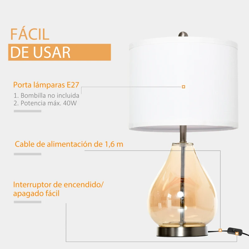 HOMCOM Juego de 2 Lámparas de Mesa Lámparas de Mesita de Noche con Casquillo de Lino E27 Máx. 40W para Salón Ø30x56 cm Blanco