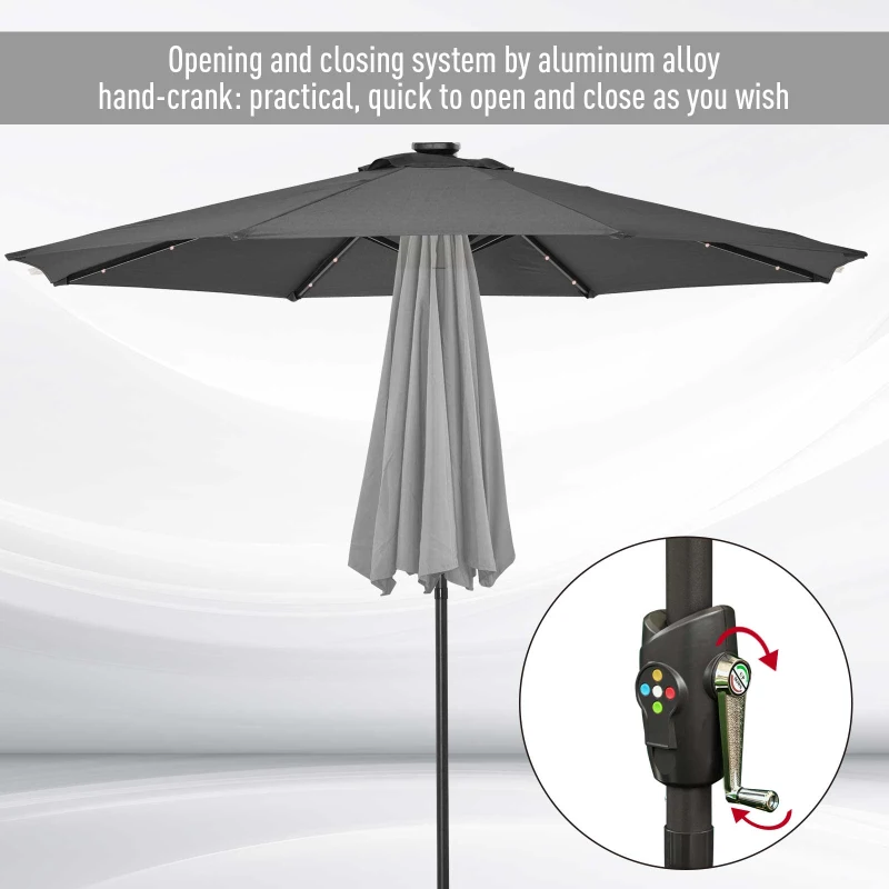 Outsunny Φ2.7m Garden 24 LED Light Parasol Solar Outdoor Tilt Sun Umbrella Patio Club Party Event Manual Sun Shade w/ Hand Crank and 8 Ribs, Grey