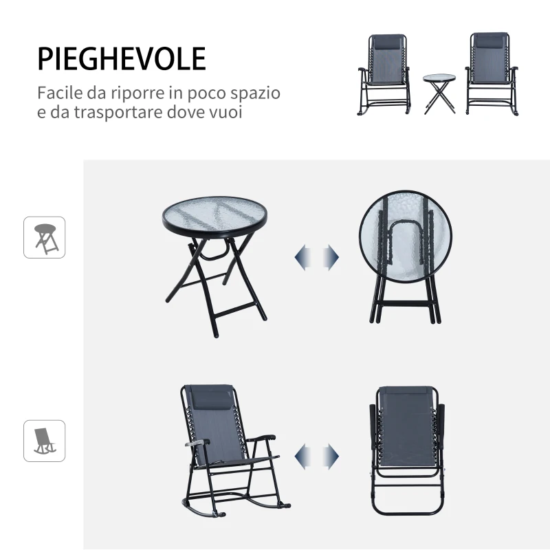 Outsunny Set Tavolino e Sedie da Giardino Pieghevoli e a Dondolo per Esterno, Balcone, Terrazzo, Grigio