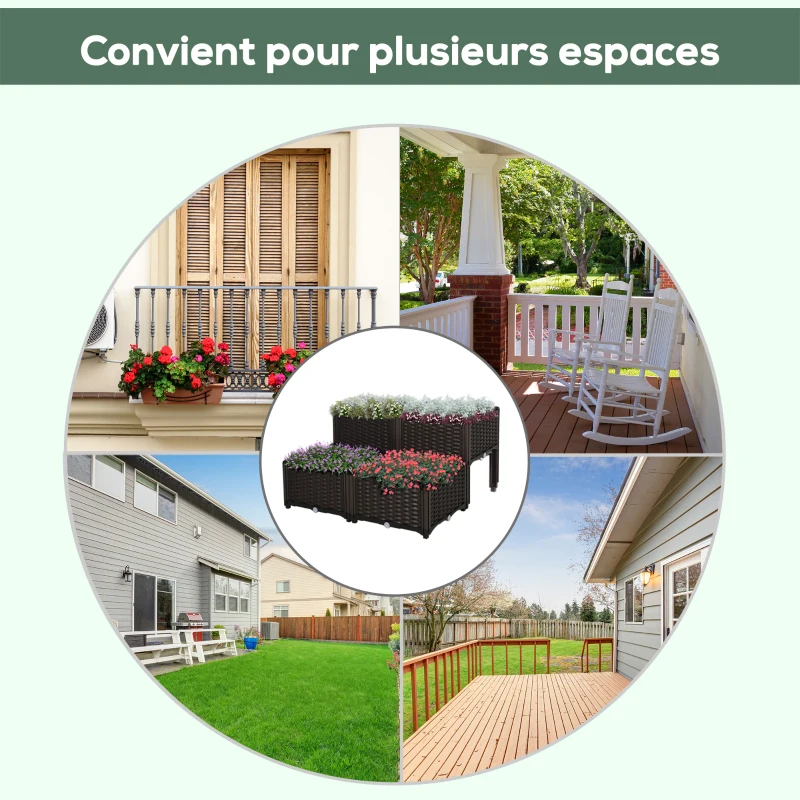 Outsunny Jardinière sur Pieds carré Potager 2 étages dim. 80L x 80l x 44H cm Insert d'irrigation Plastique Imitation rotin tressé Chocolat