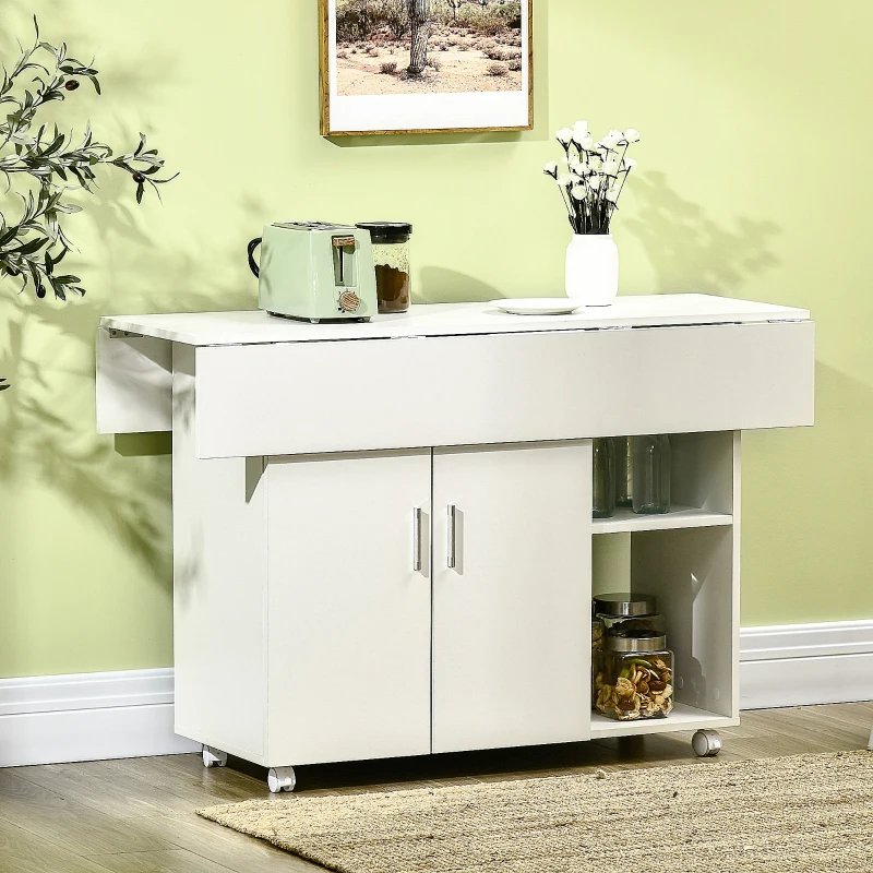 HOMCOM Table de salle à manger pliable, table pliante sur roulettes avec compartiments placard étagère 115 x 73 x 76 cm blanc