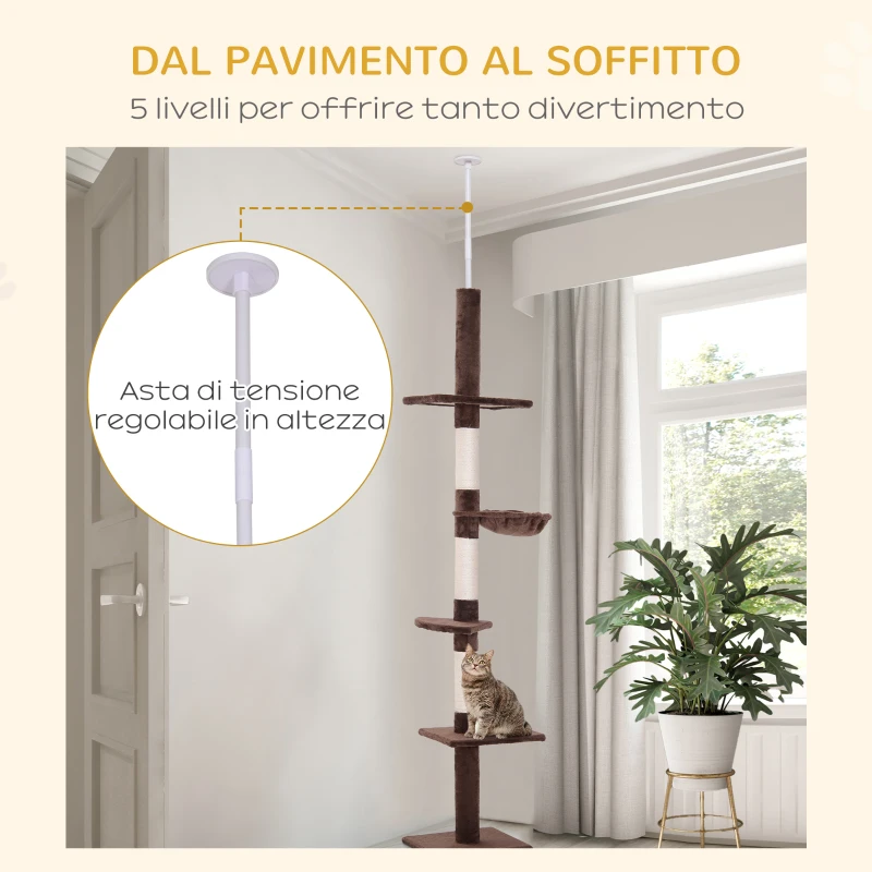 PawHut Albero Tiragraffi Multilivello a Soffitto con Amaca e Altezza Regolabile, 40x34x230-260cm, Marrone