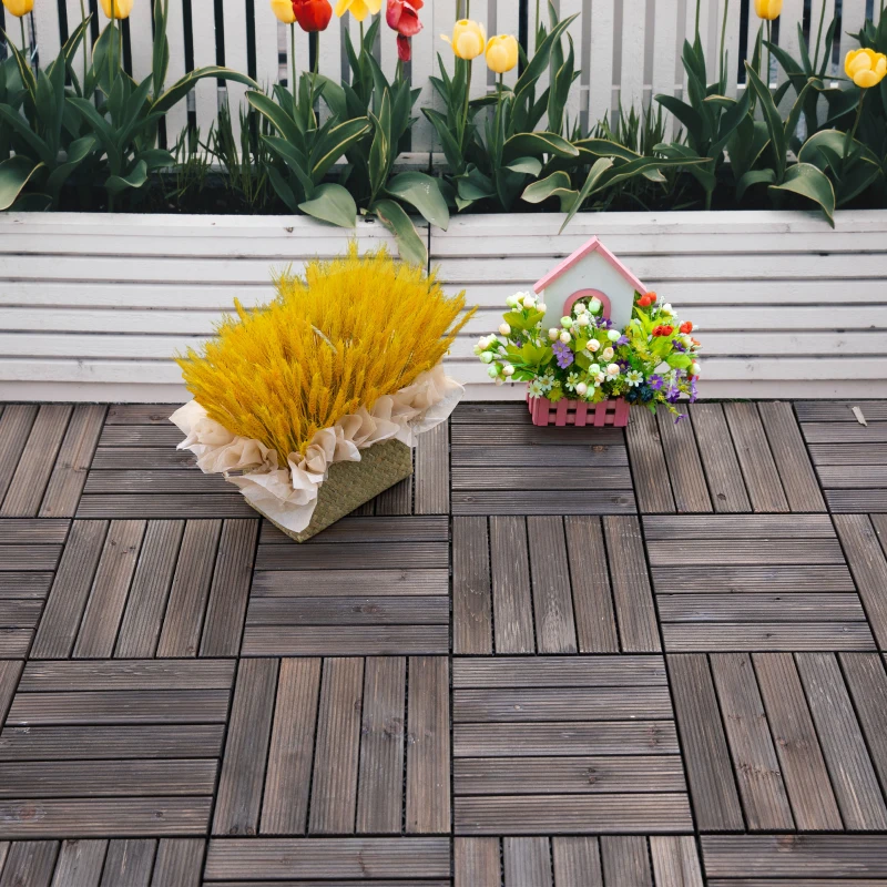 Outsunny 27 Pcs Solid Wood Interlocking Decking Tiles For Patio, Balcony, Roof Terrace, Hot Tub, Black, (30 x 30 cm Per Piece)