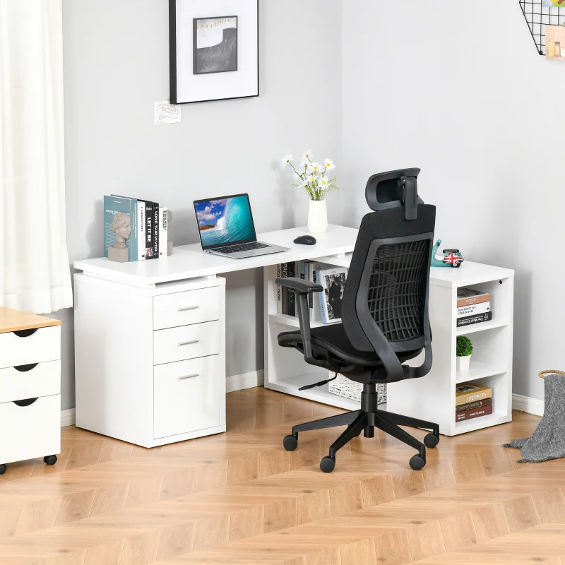 HOMCOM Reversible L-Shaped Computer Desk, Home Office Corner Desk, Study Workstation Table with Storage Shelves and Drawers for Letter Size, 150 x 120 x 74.5cm, White