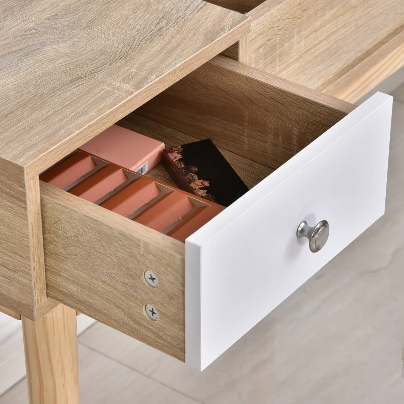 HOMCOM Tavolo da Trucco Moderno con Specchio Estraibile, Organizer Gioielli, 2 Cassetti e Sgabello, Color Legno