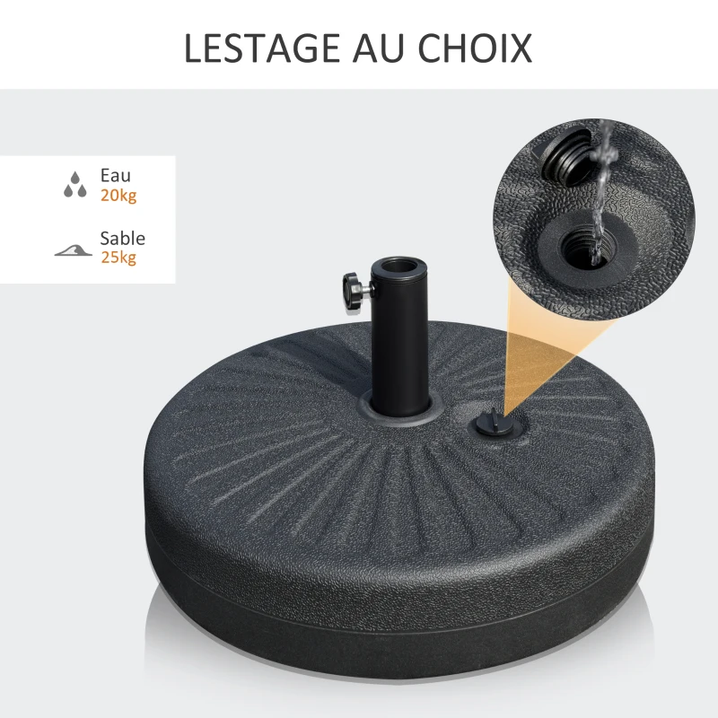 Outsunny Pied de parasol rond socle de parasol base de lestage sable et eau pour parasols Ø 38/48 mm acier HDPE dim. 51L x 51l x 30,5H cm noir