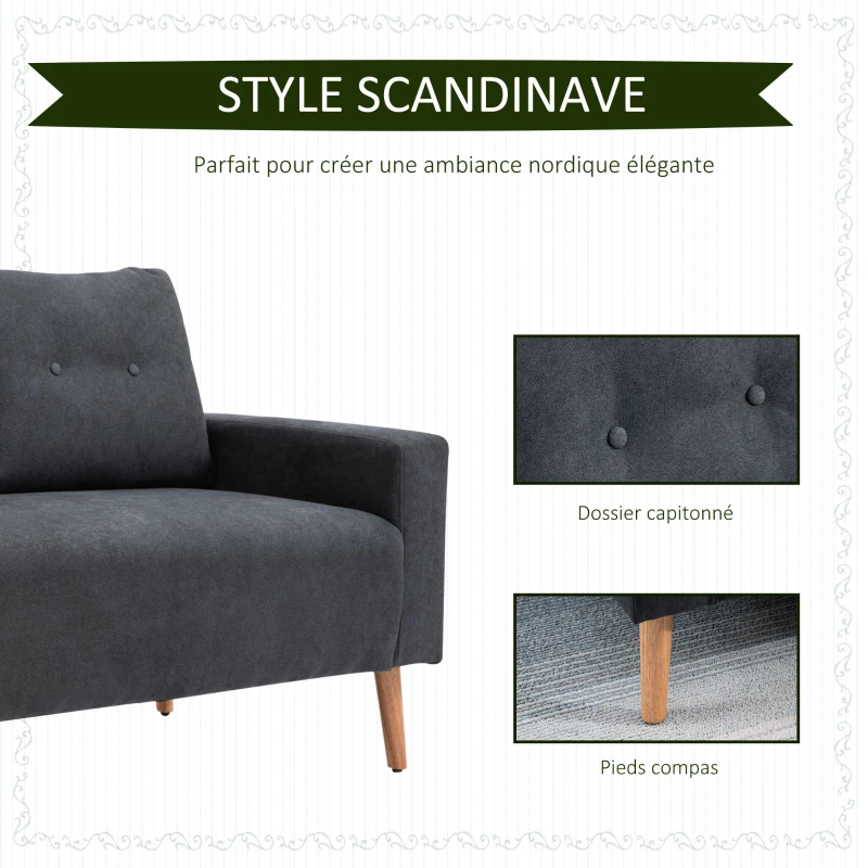HOMCOM Canapé 2 Places Design scandinave dim. 145L x 76l x 88H cm Pieds Bois Massif Tissu Gris foncé