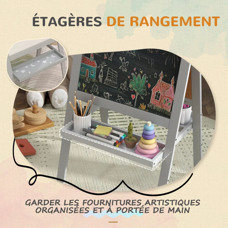 AIYAPLAY Chevalet enfant chevalet peinture enfant double face avec tableau blanc et tableau noir, étagères de rangement incluse