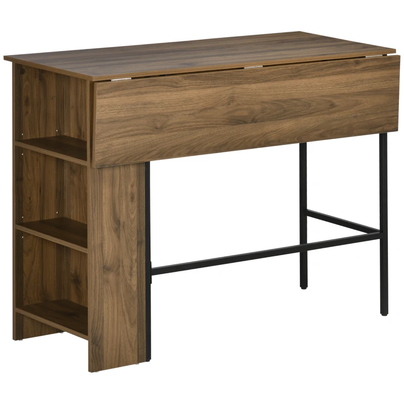 HOMCOM Ilot centra table de bar plateau latéral  rabattable et 3 étagères 120 x 76 x 91,4 cm marron