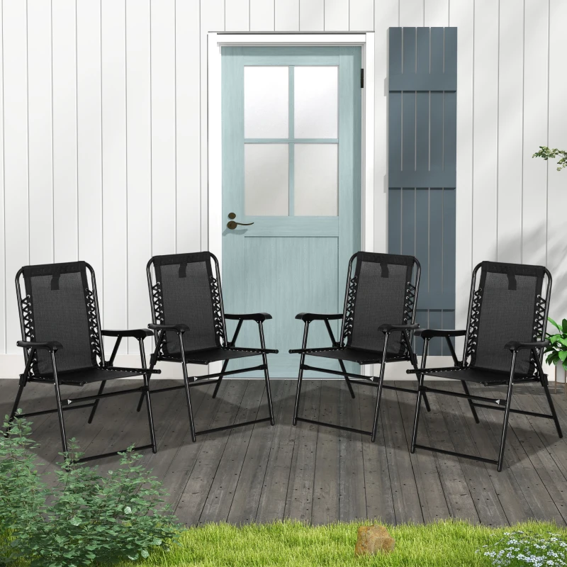 Outsunny 4 Pcs Patio Folding Chair Set, Outdoor Portable Loungers for Camping Pool Beach Deck, Lawn w/ Armrest Steel Frame Black