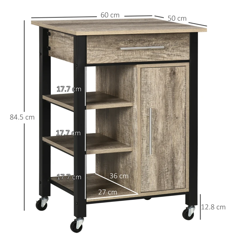 HOMCOM Kitchen Trolley Utility Cart on Wheels with Storage Shelves & Drawer for Dining Room, Oak