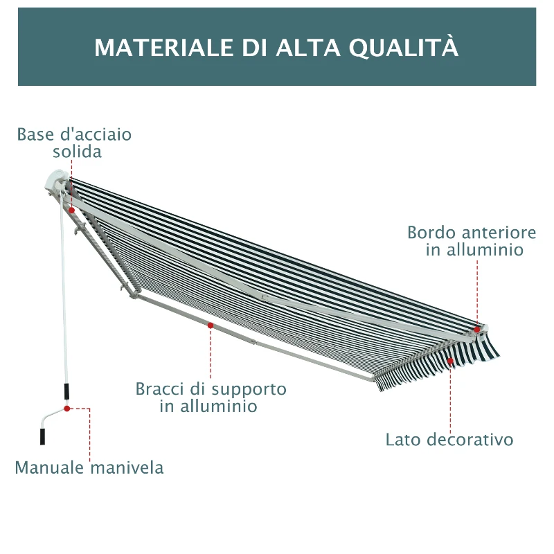 Outsunny Tenda da Sole a Bracci per Esterno con Manovella, Metallo e Poliestere, 295x250cm Verde e Bianco
