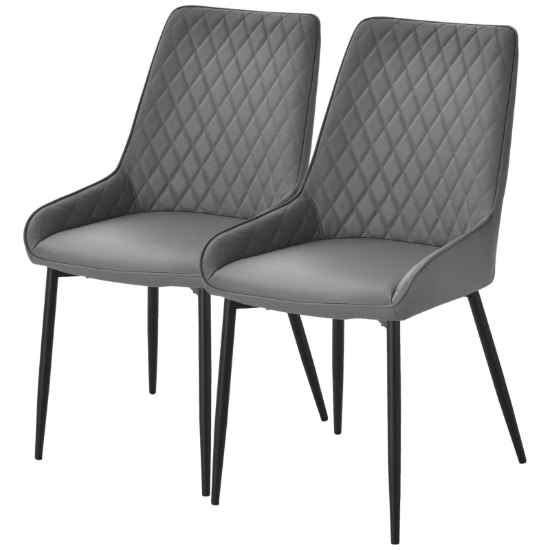 HOMCOM Set Of 2 Quilted PU Leather Dining Chairs with Metal Frame 4 Legs Foot Caps Home Seating Modern Stylish Executive Grey