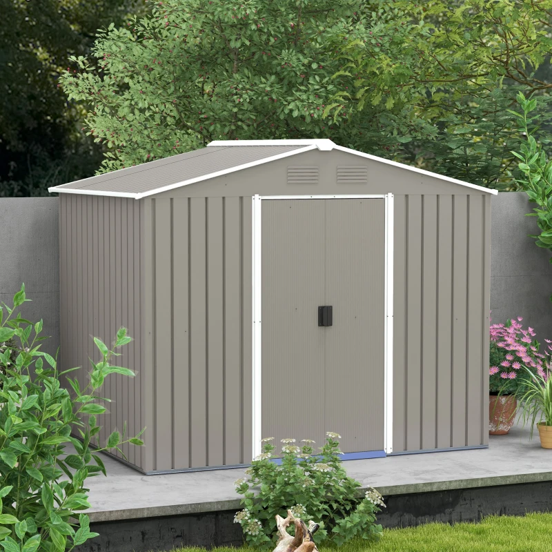 Outsunny 7.7 x 5.7ft Outdoor Garden Storage Shed, Metal Tool House with Ventilation and Sliding Doors, Light Grey