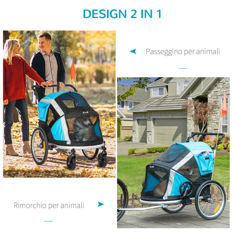 PawHut Carrello Trasporto Cani sotto i 30kg, Rimorchio Bici per Cani con Porta Anteriore e Posteriore, Finestre a Rete e Tetto Apribile, 150x82x98-108cm