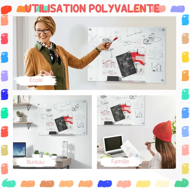Vinsetto Tableau blanc en verre avec plateau mural sans cadre avec 4 marqueurs et tampon effaceur 90 x 60 cm blanc