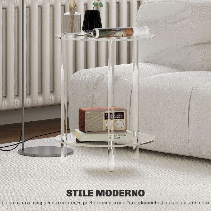 HOMCOM Tavolino Basso Rotondo a 2 Livelli in Acrilico per Interni, Ø40x50 cm, Trasparente