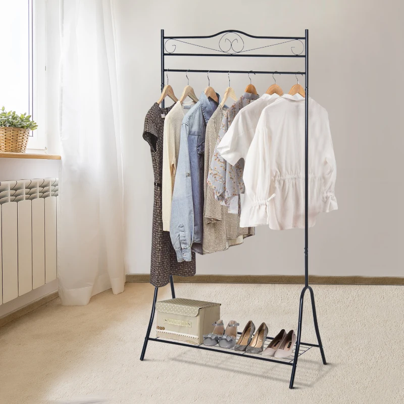 HOMCOM Portant penderie à vêtements sur pied style néo-rétro fer forgé étagère chaussures intégrée noir