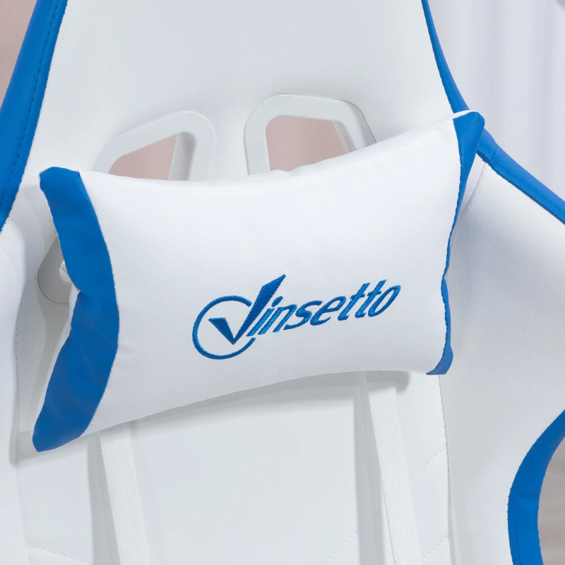Vinsetto Computer Gaming Chair, PU Leather Office Desk Chair with Footrest, Swivel Wheels, 135° Reclining Back, Lumbar Support, Headrest for Home, White and Blue