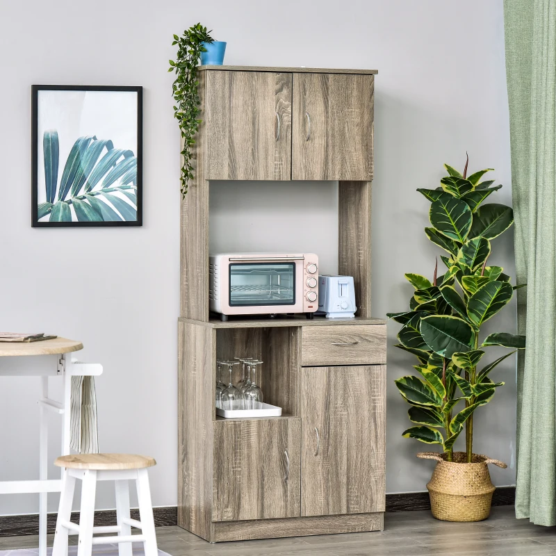 HOMCOM Buffet de cuisine armoire de cuisine multi-rangements 3 placards 2 niches tiroir panneaux particules classe E1 aspect chêne gris