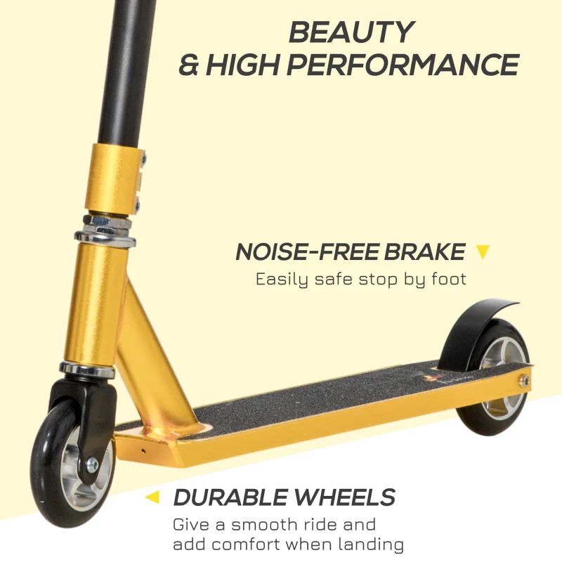 HOMCOM Stunt Scooter, 360° Entry Level Tricks Scooter w/ Lightweight Aluminium Deck and ABEC 7 Bearing, For Age 14+ Beginners, Gold Tone