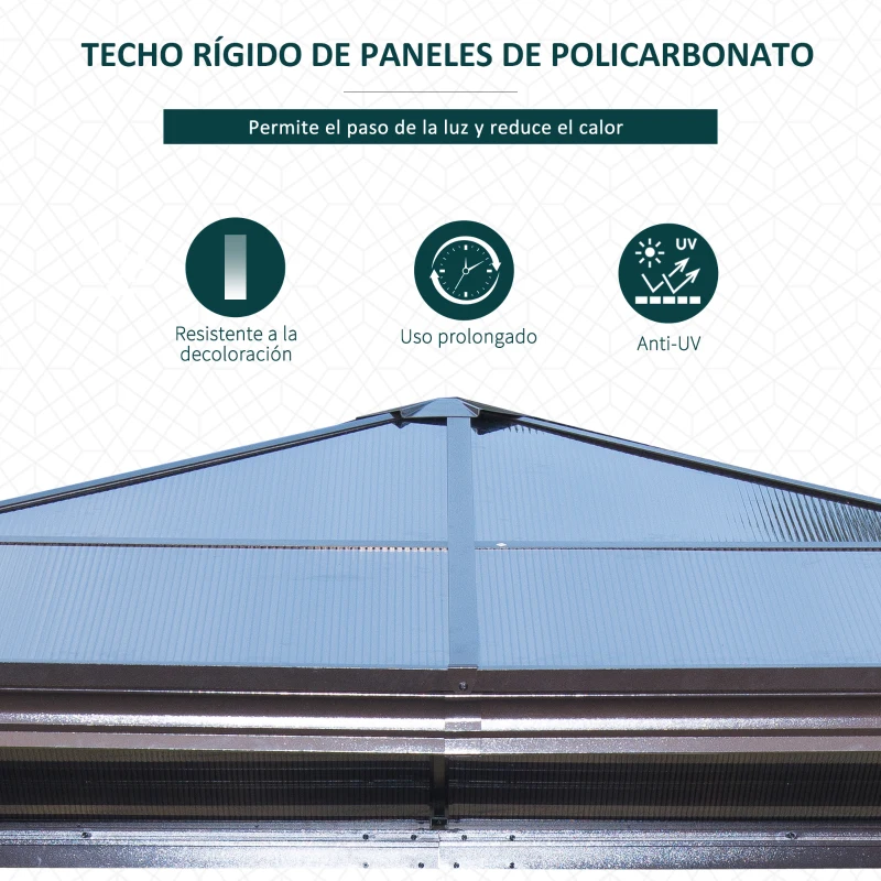 Outsunny Cenador para Jardín 3x3 m Alumnio Pabellón para Exterior con Techo de Policarbonato Anti-UV y 4 Mosquiteras Laterales con Cremalleras para Fiestas Eventos Beige