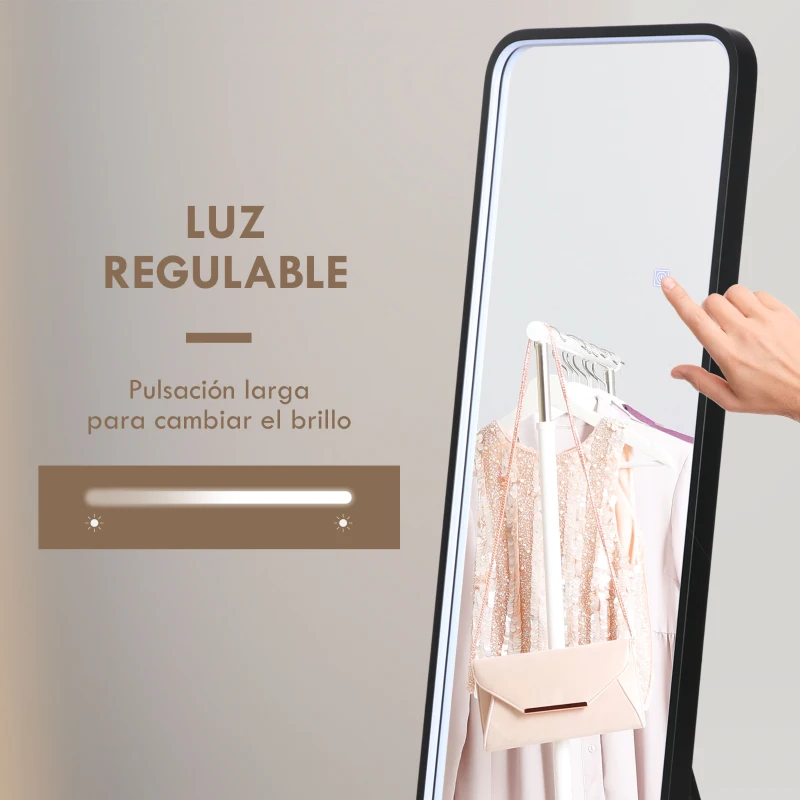 HOMCOM Espejo de Cuerpo Entero con Luces LED Espejo de Pie 151,5x50 cm Independiente o Pared con Luz Ajustable de 3 Colores