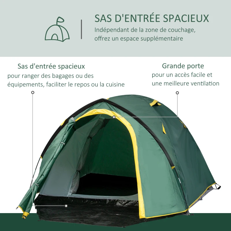 Outsunny Tente de camping 2-3 personnes tente dôme étanche légère ventilée facile à monter 2 portes fenêtres dim. 3,25L x 1,83l x 1,3H m fibre verre polyester PE vert