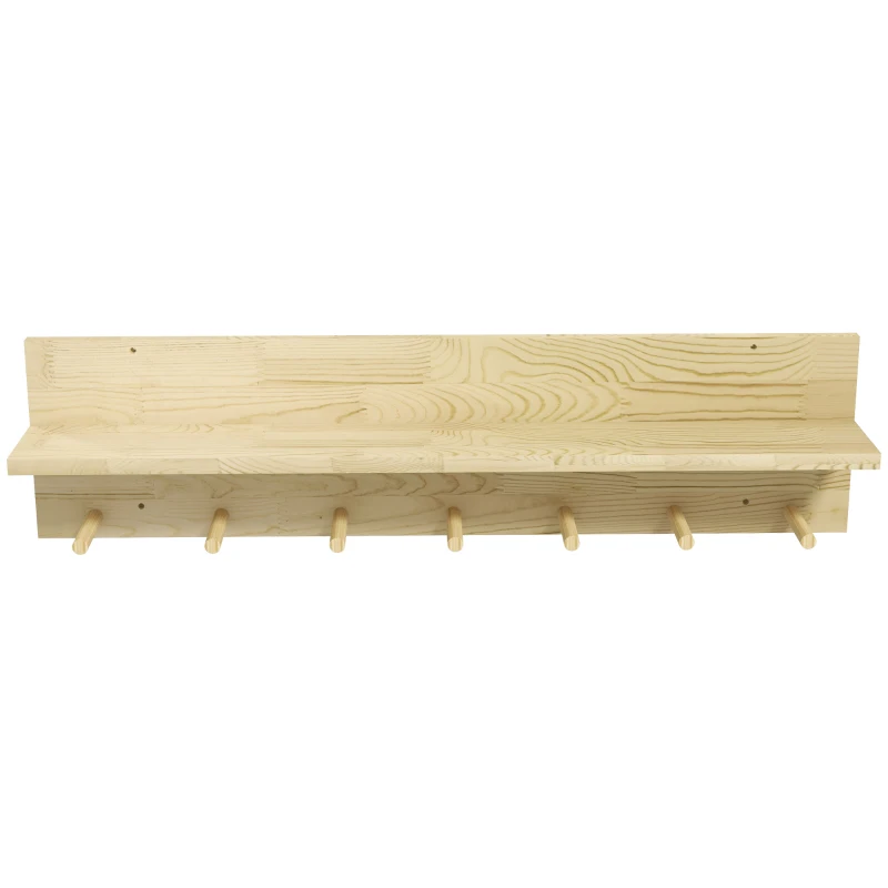 HOMCOM Estante de Pared con 7 Ganchos de Madera Balda Flotante con Perchas para Entrada Pasillo Dormitorio 80x12x20 cm Natural
