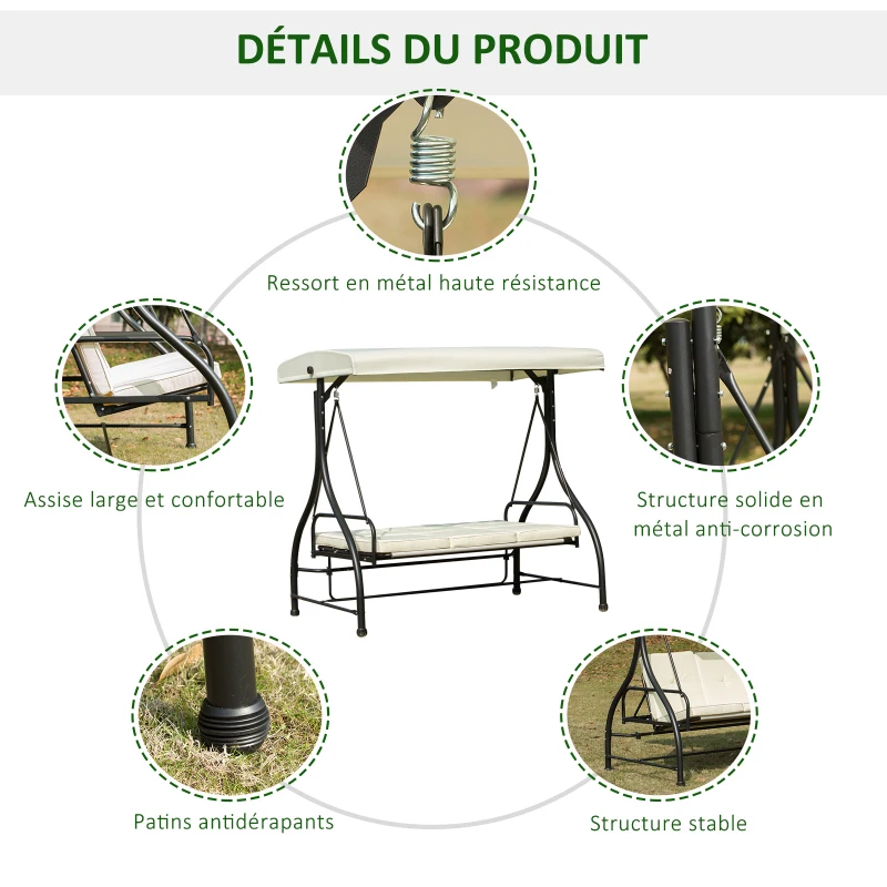 Outsunny Balancelle de Jardin 3 Places Convertible Inclinaison Toit réglable Matelas Grand Confort Rembourrage 8 cm fourni 1,95L x 1,17l x 1,75H m métal époxy Noir crème