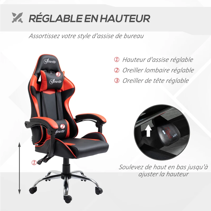 Vinsetto Chaise gaming fauteuil de bureau chaise gamer appui-tête ergonomique hauteur réglable dossier inclinable jusqu'à 135°