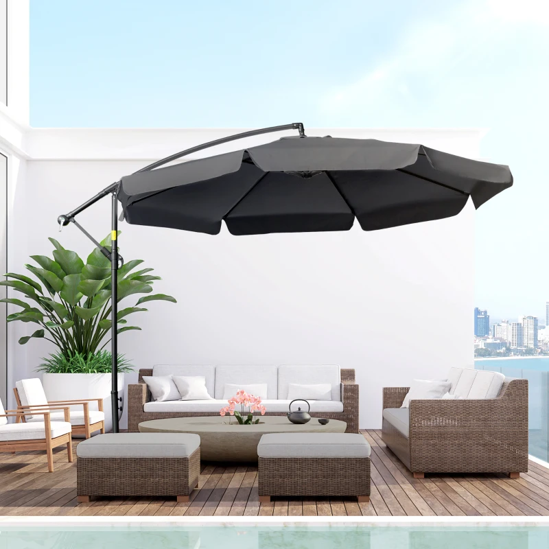Outsunny 2.7m Garden Banana Parasol Cantilever Umbrella with Crank Handle and Cross Base for Outdoor, Hanging Sun Shade, Black