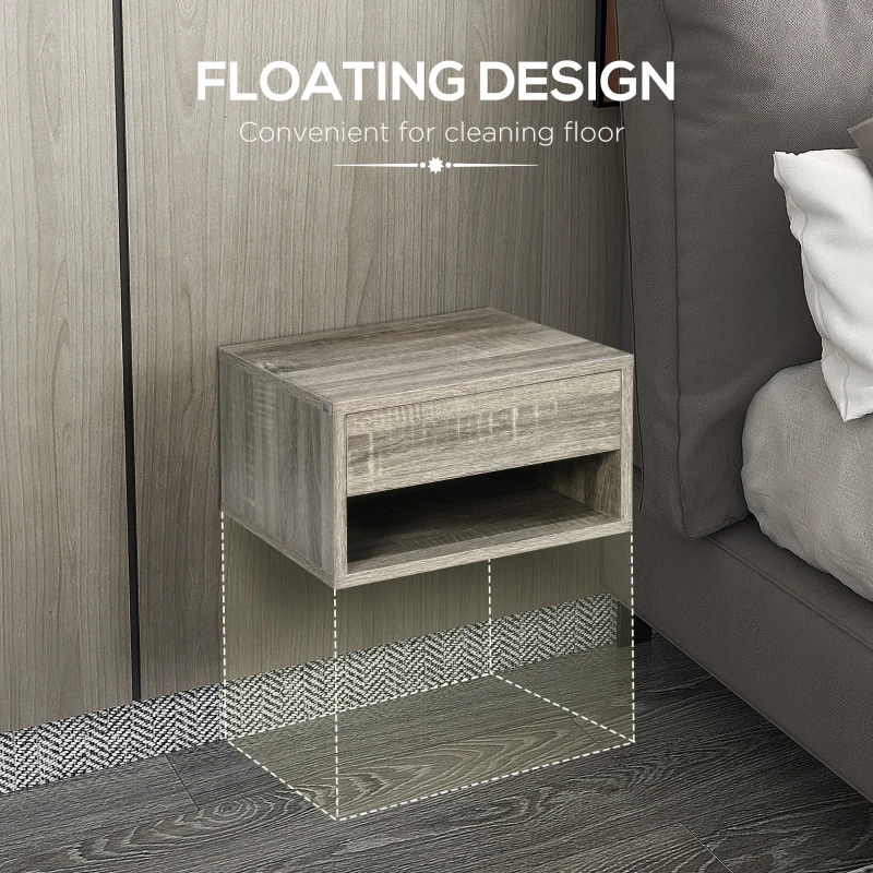 HOMCOM Set of Two Floating Bedside Tables Wall Mounted Nightstands with Drawer and Shelf for Bedroom, Brown Wood-Effect