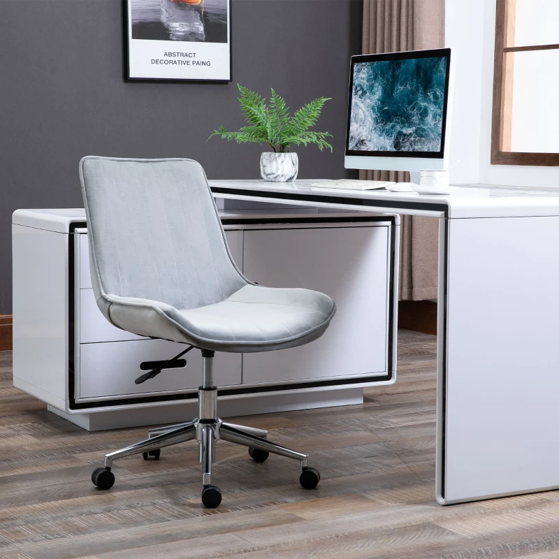 HOMCOM Silla de Oficina Sin Reposabrazos Silla de Escritorio Silla Giratoria para Niños con Altura Ajustable Respaldo de Poliéster Suave y Ruedas Carga 120 kg 52,5x60x82-91 cm Gris