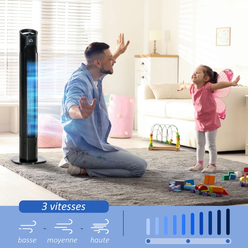 HOMCOM Ventilateur de colonne moderne 3 vitesses avec 70° d'oscillation poignée puissance 50W Ø 20 x 78,5 cm noir