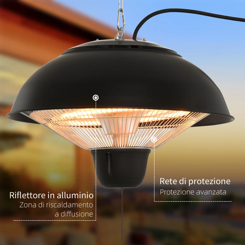 Outsunny Riscaldatore a Infrarossi con Illuminazione a LED in Alluminio e Metallo Epossidico Anticorrosivo Certificato IP34: Protezione contro gli Spruzzi d'Acqua 1500W Ø40.5 x 30.7A cm