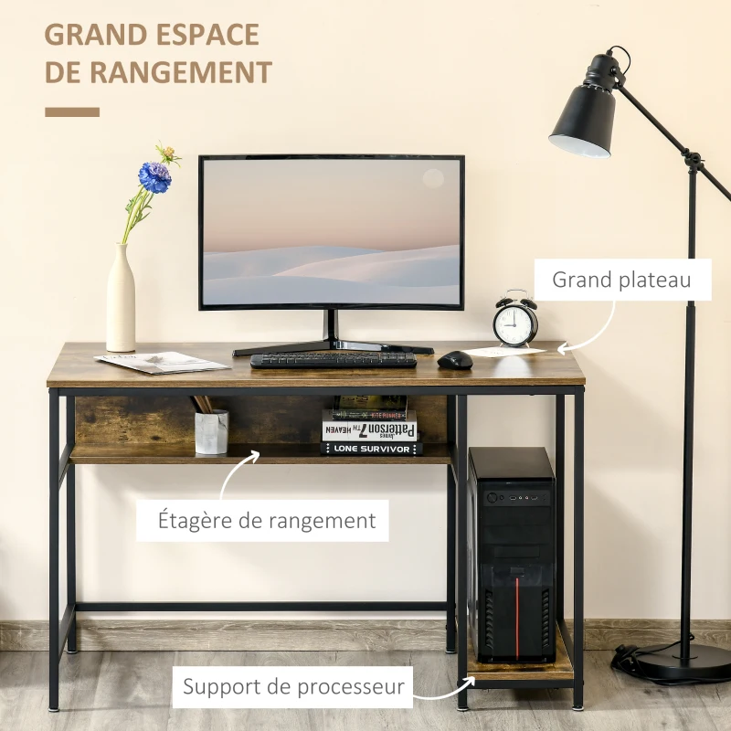 HOMCOM Bureau Informatique Table de bureau d'ordinateur Industriel avec étagère - châssis Acier Noir Grand Plateau Effet boisé 120 x 60 cm