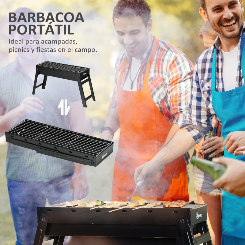 Outsunny Barbacoa Portátil Plegable con Parrillas de Acero Inoxidable BBQ de Carbón para Exterior 74x20x38 cm Negro