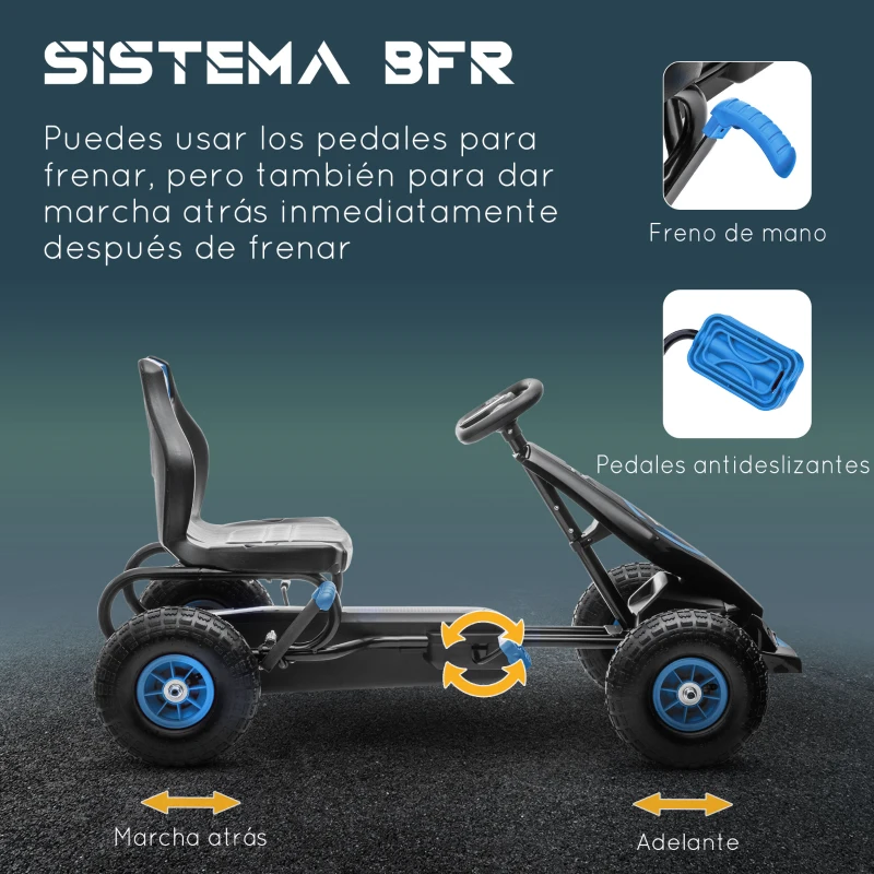 HOMCOM Go Kart a Pedales Infantil con Asiento Ajustable Neumáticos Inflables Amortiguador y Freno de Mano 121x58x61 cm Azul