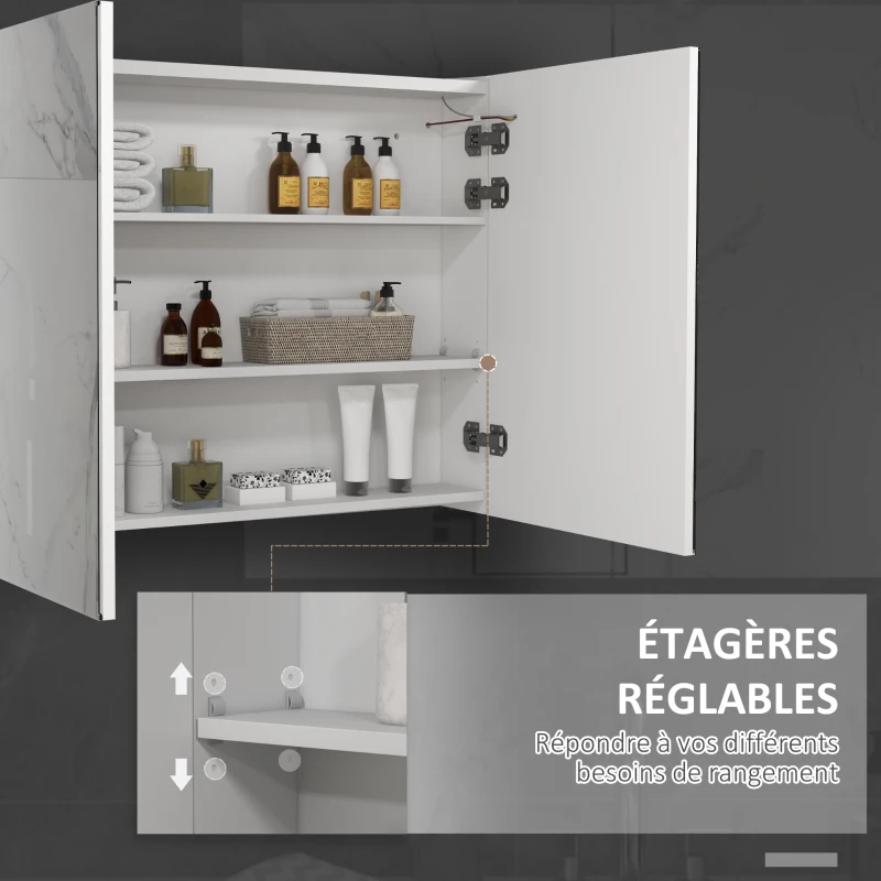 kleankin Armoire murale miroir avec éclairage LED de Salle de Bain 2 en 1, dim. 90L x 15l x 70H cm