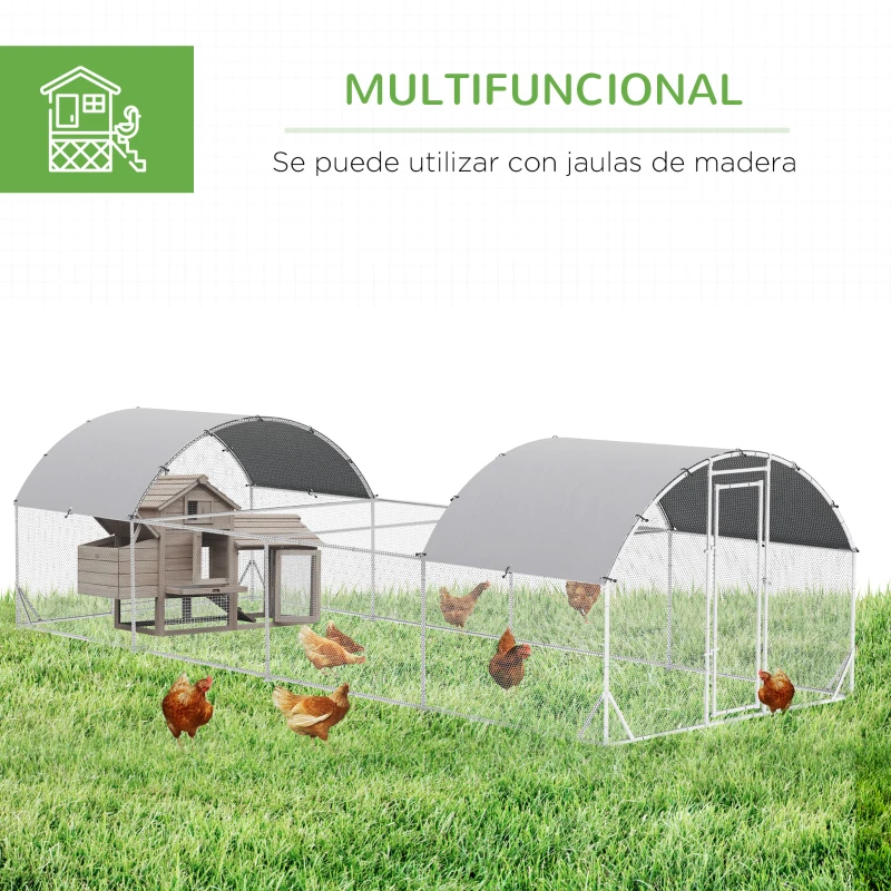 PawHut Gallinero Exterior de Acero Galvanizado 7,6x2,8x1,95 m con Cubierta de Tela para 20-24 Gallinas Conejos Aves Plata