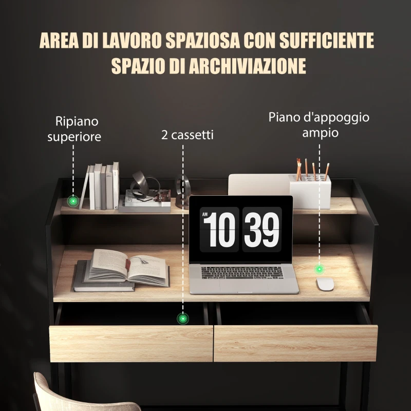 HOMCOM Scrivania 2 Cassetti con Ripiano Superiore, in Legno e Acciaio, 106x51.5x102.5 cm, Nero e color Quercia