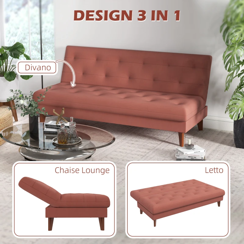 HOMCOM Divano Letto 3 Posti con Schienale Regolabile a 3 Livelli in Microfibra, 185x85x84cm, Arancione