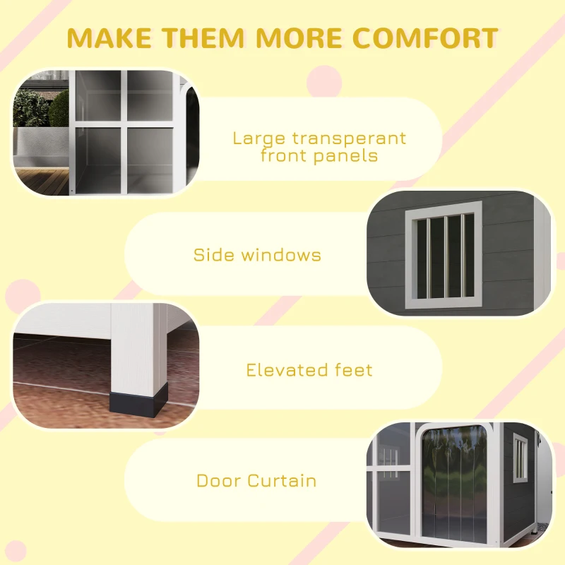 PawHut Wooden Outdoor Dog House, with Asphalt Openable Top, Removable Floor, Clear Front Panel, Curtain, 103 x 77 x 83cm