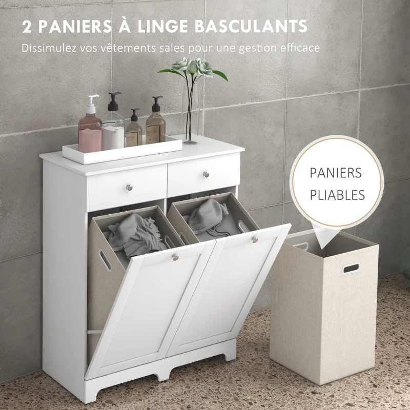 HOMCOM Armoire de salle de bain, meuble de rangement, avec paniers à linge pliables 2 tiroirs, 78L x 40l x 90,5H cm, blanc
