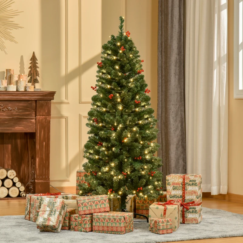 HOMCOM 5FT Prelit Artificial Pencil Christmas Tree with Warm White LED Light, Red Berry, Holiday Home Xmas Decoration, Green
